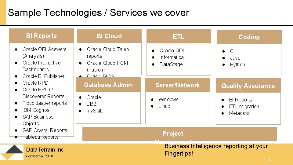 Sample Technologies / Services we cover BI Reports BI Cloud ● Oracle OBI Answers