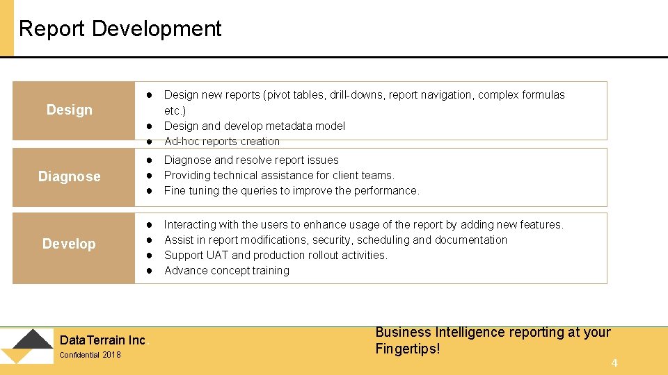 Report Development ● Design new reports (pivot tables, drill-downs, report navigation, complex formulas Design