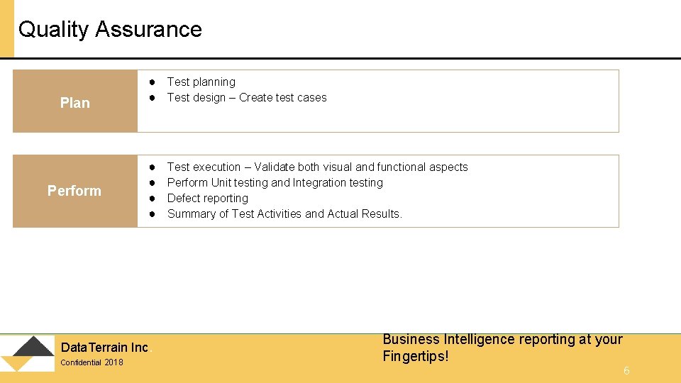 Quality Assurance Plan Perform ● Test planning ● Test design – Create test cases