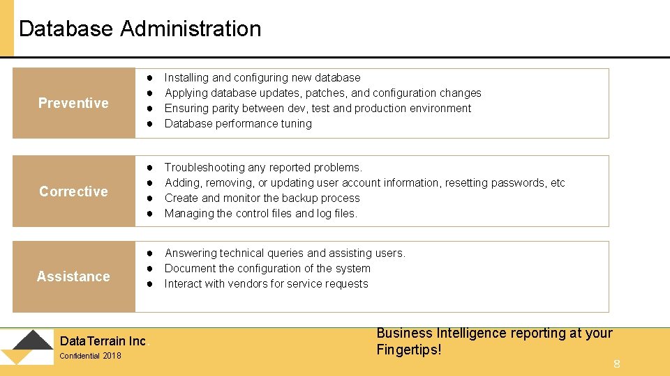 Database Administration Preventive ● ● Installing and configuring new database Applying database updates, patches,