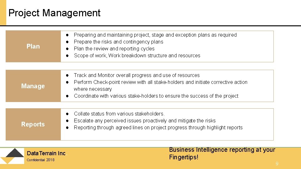 Project Management Plan Manage ● ● ● Track and Monitor overall progress and use