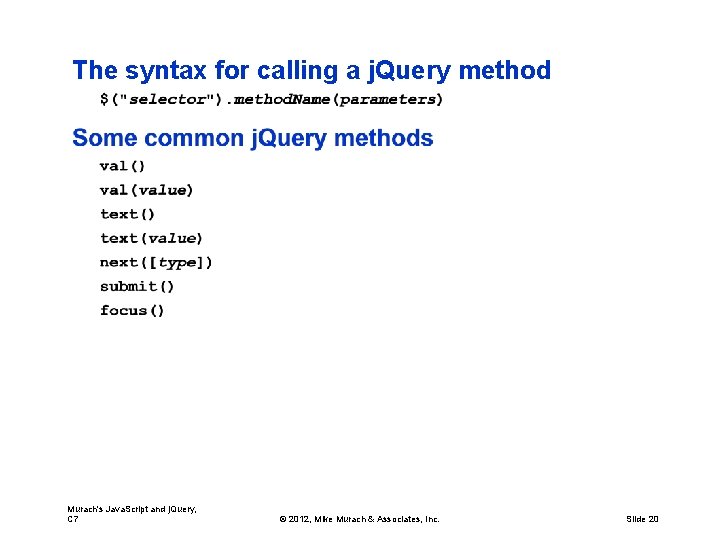 The syntax for calling a j. Query method Murach's Java. Script and j. Query,