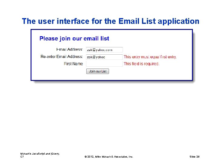 The user interface for the Email List application Murach's Java. Script and j. Query,