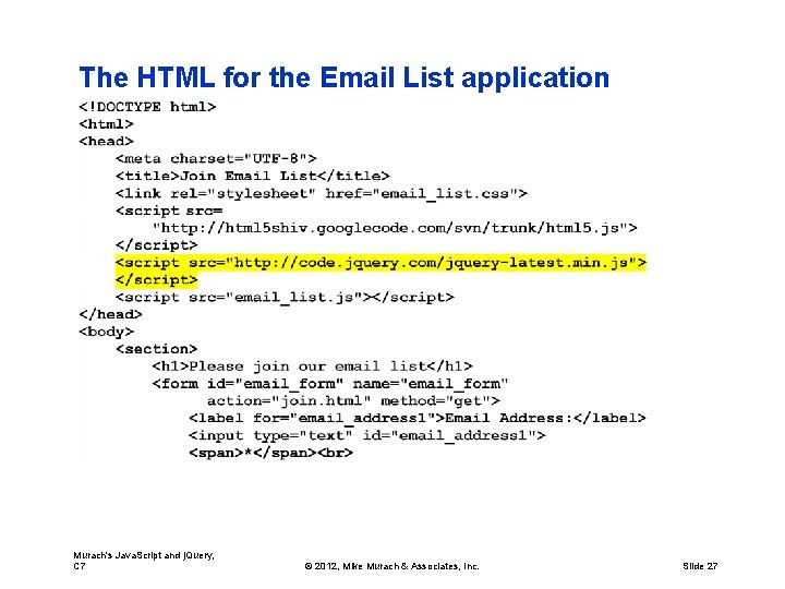 The HTML for the Email List application Murach's Java. Script and j. Query, C