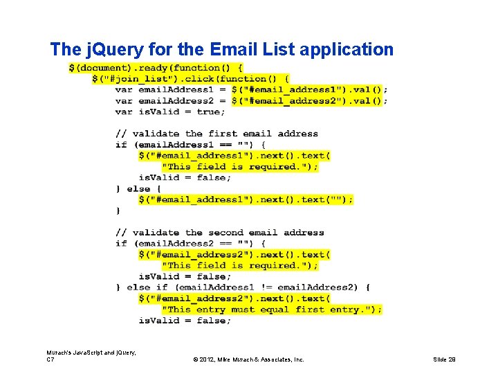 The j. Query for the Email List application Murach's Java. Script and j. Query,