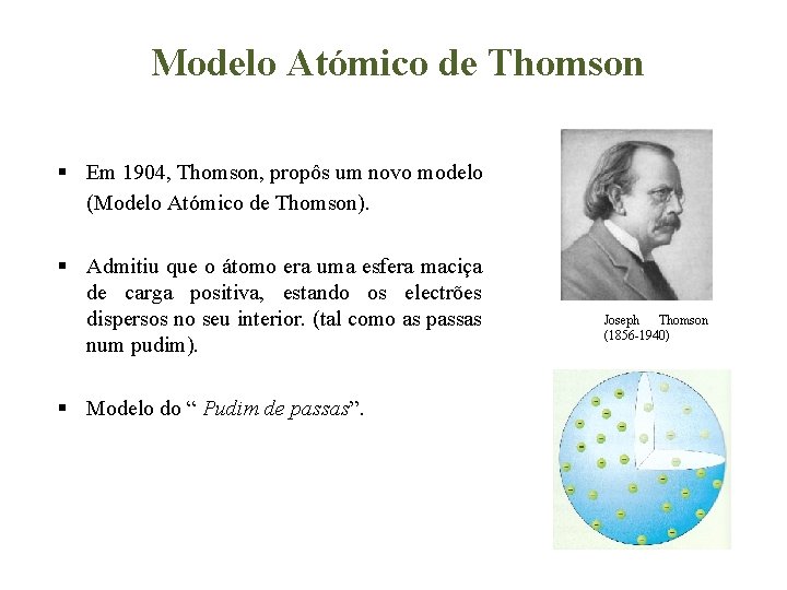 Modelo Atómico de Thomson § Em 1904, Thomson, propôs um novo modelo (Modelo Atómico