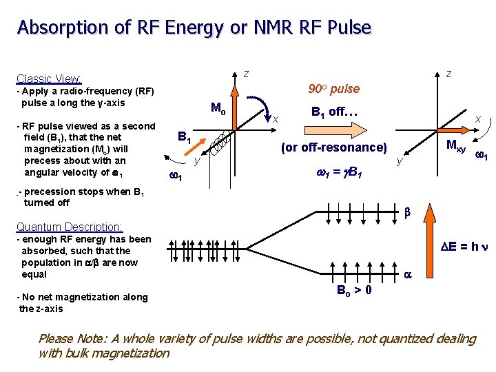Absorption of RF Energy or NMR RF Pulse z Classic View: 90 o pulse