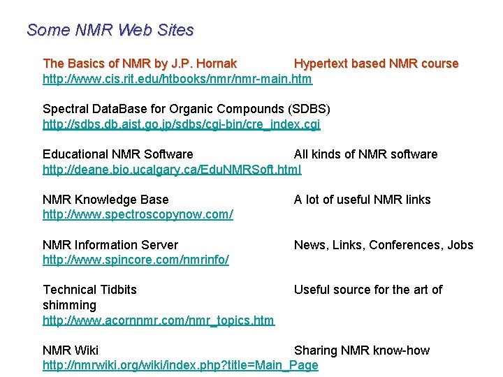 Some NMR Web Sites The Basics of NMR by J. P. Hornak Hypertext based