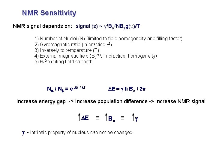 NMR Sensitivity NMR signal depends on: signal (s) ~ g 4 Bo 2 NB