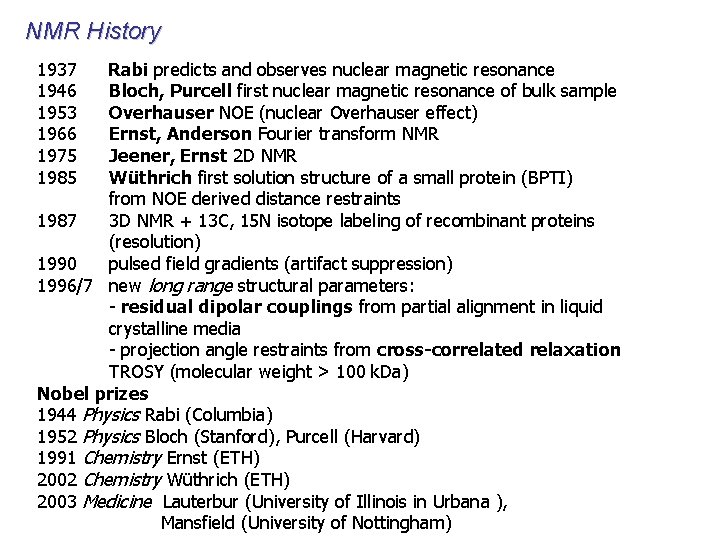 NMR History 1937 1946 1953 1966 1975 1985 Rabi predicts and observes nuclear magnetic