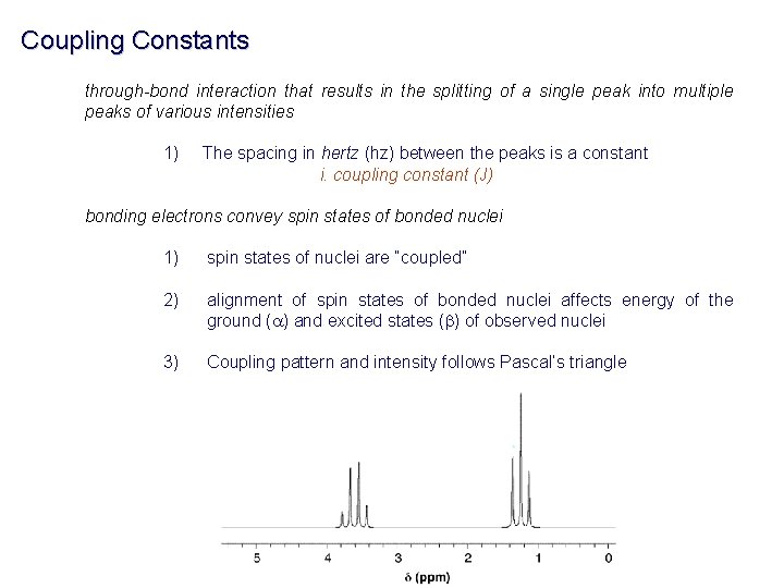 Coupling Constants through-bond interaction that results in the splitting of a single peak into