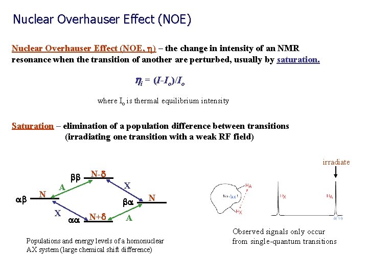 Nuclear Overhauser Effect (NOE) Nuclear Overhauser Effect (NOE, h) – the change in intensity