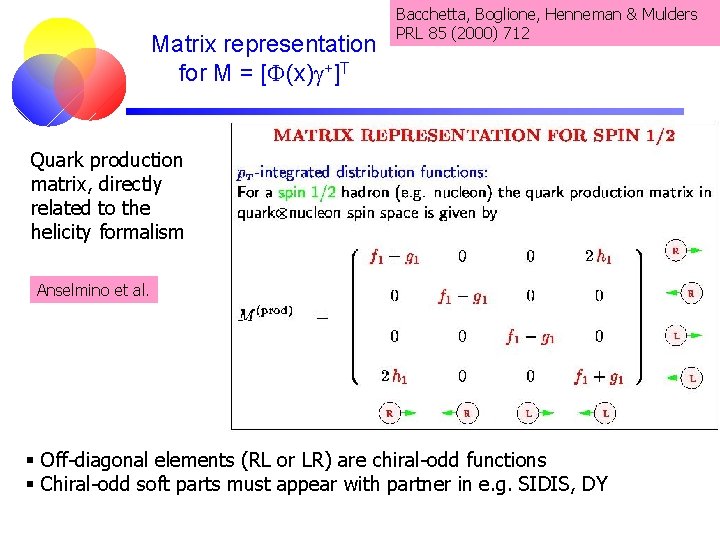 Matrix representation for M = [F(x)g+]T Bacchetta, Boglione, Henneman & Mulders PRL 85 (2000)