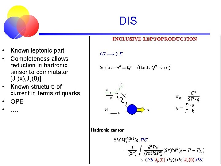 DIS • Known leptonic part • Completeness allows reduction in hadronic tensor to commutator