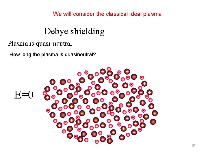 We will consider the classical ideal plasma Debye shielding Plasma is quasi-neutral How long