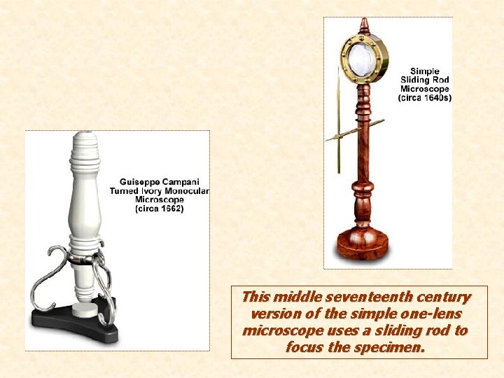 This middle seventeenth century version of the simple one-lens microscope uses a sliding rod