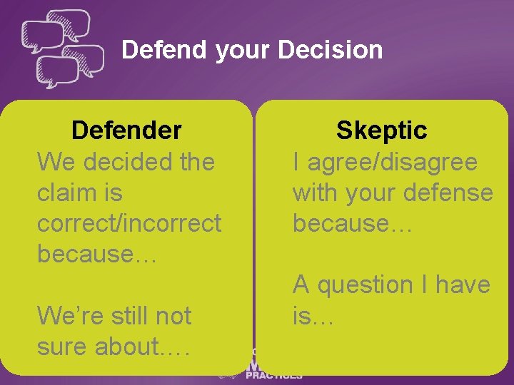Defend your Decision Defender We decided the claim is correct/incorrect because… We’re still not