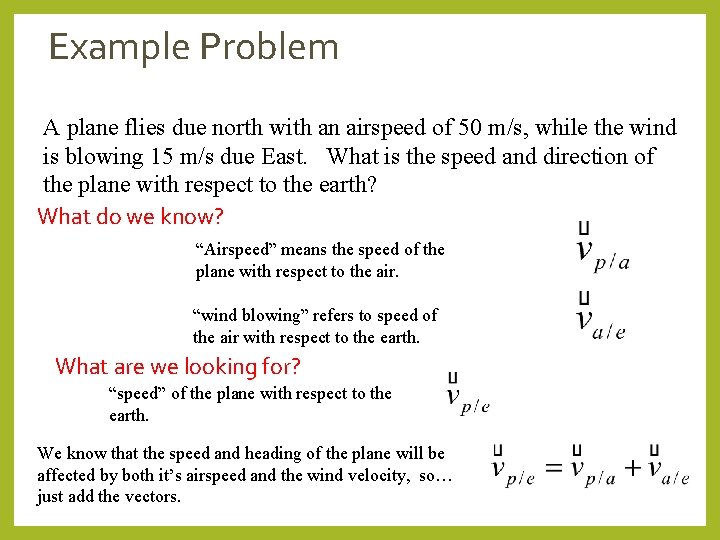 Example Problem A plane flies due north with an airspeed of 50 m/s, while