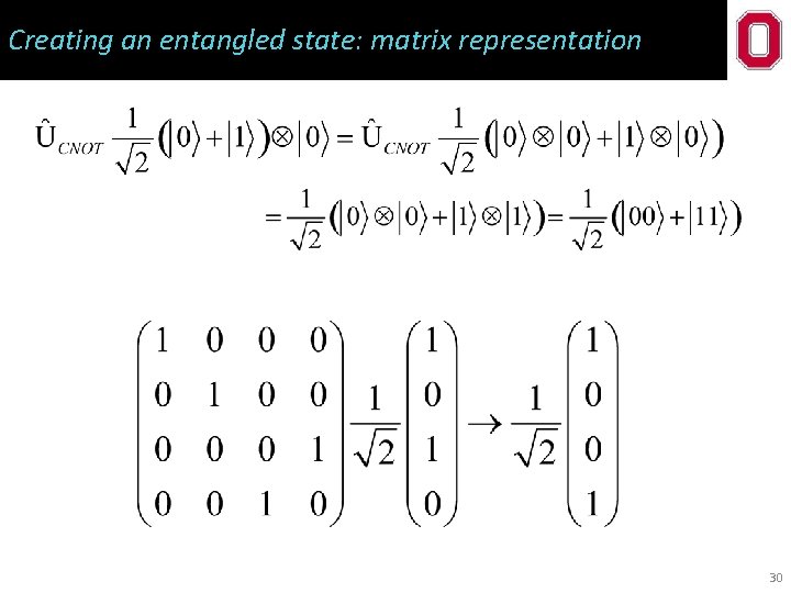 Creating an entangled state: matrix representation 30 