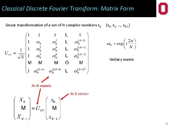 Classical Discrete Fourier Transform: Matrix Form Linear transformation of a set of N complex