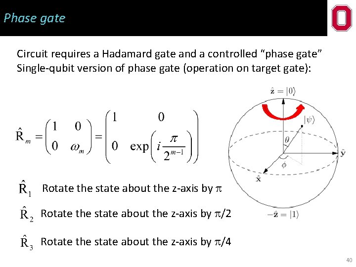 Phase gate Circuit requires a Hadamard gate and a controlled “phase gate” Single-qubit version