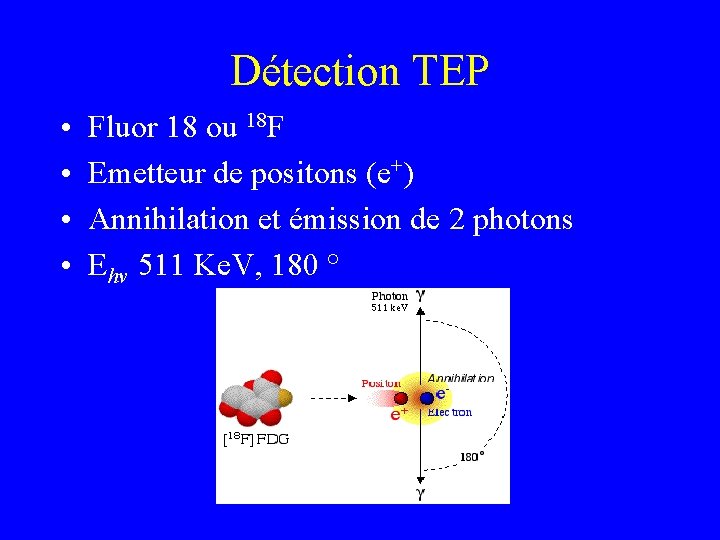Détection TEP • • Fluor 18 ou 18 F Emetteur de positons (e+) Annihilation Détection TEP • • Fluor 18 ou 18 F Emetteur de positons (e+) Annihilation