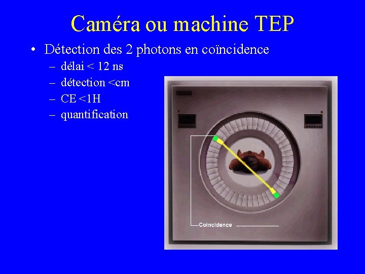 Caméra ou machine TEP • Détection des 2 photons en coïncidence – – délai Caméra ou machine TEP • Détection des 2 photons en coïncidence – – délai