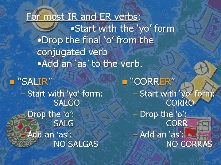 For most IR and ER verbs: • Start with the ‘yo’ form • Drop