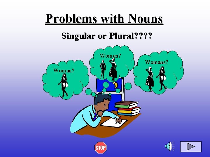 Problems with Nouns Singular or Plural? ? Women? Woman? Womans? 