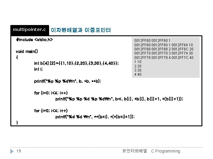 multipointer. c 이차원배열과 이중포인터 #include <stdio. h> void main() { int b[4][2]={{1, 10}, {2,