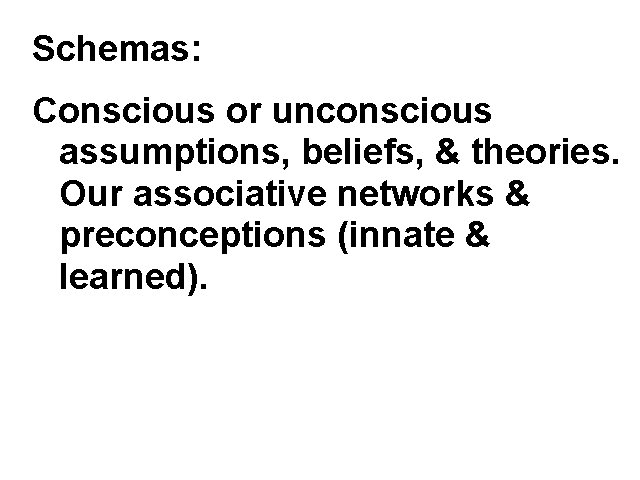 Schemas: Conscious or unconscious assumptions, beliefs, & theories. Our associative networks & preconceptions (innate