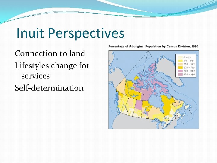 Inuit Perspectives Connection to land Lifestyles change for services Self-determination 