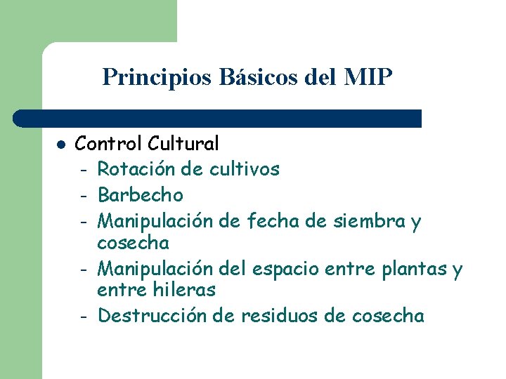 Principios Básicos del MIP l Control Cultural – Rotación de cultivos – Barbecho –