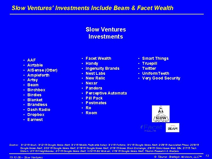Slow Ventures’ Investments Include Beam & Facet Wealth Slow Ventures Investments • • •