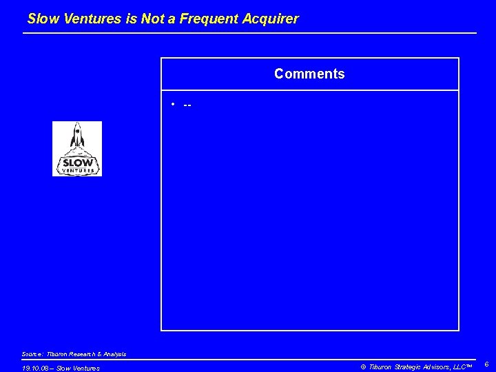 Slow Ventures is Not a Frequent Acquirer Comments • -- Source: Tiburon Research &