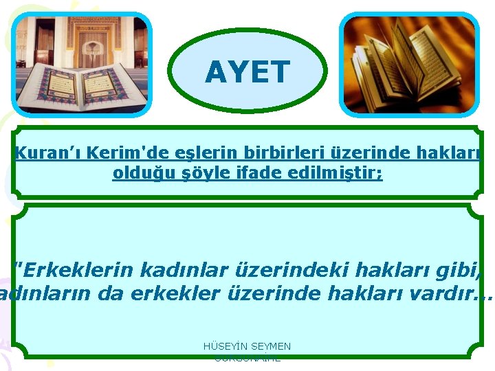 AYET Kuran’ı Kerim'de eşlerin birbirleri üzerinde hakları olduğu şöyle ifade edilmiştir; "Erkeklerin kadınlar üzerindeki