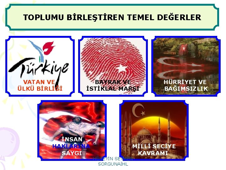 TOPLUMU BİRLEŞTİREN TEMEL DEĞERLER VATAN VE ÜLKÜ BİRLİĞİ BAYRAK VE İSTİKLAL MARŞI İNSAN HAKLARINA