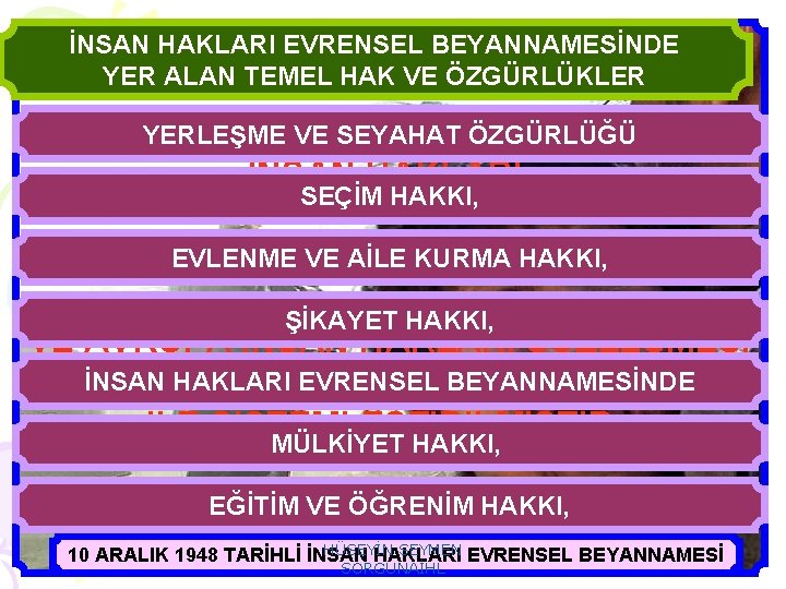 İNSAN HAKLARI EVRENSEL BEYANNAMESİNDE YER ALAN TEMEL HAK VE ÖZGÜRLÜKLER YERLEŞME DİN, DÜŞÜNCE, VE