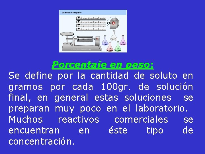 Porcentaje en peso: Se define por la cantidad de soluto en gramos por cada