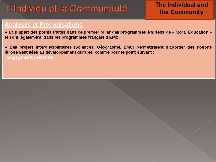 L’Individu et la Communauté The Individual and the Community Analyses et Préconisations ● La