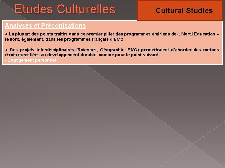 Etudes Culturelles Cultural Studies Analyses et Préconisations ● La plupart des points traités dans