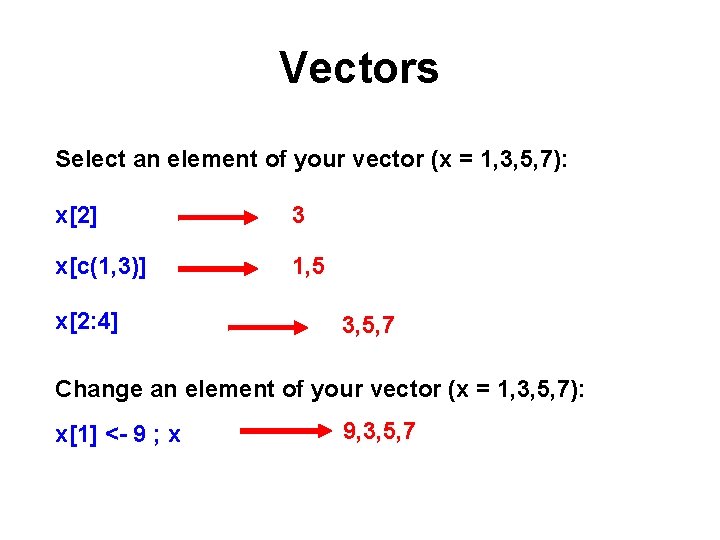 Vectors Select an element of your vector (x = 1, 3, 5, 7): x[2]