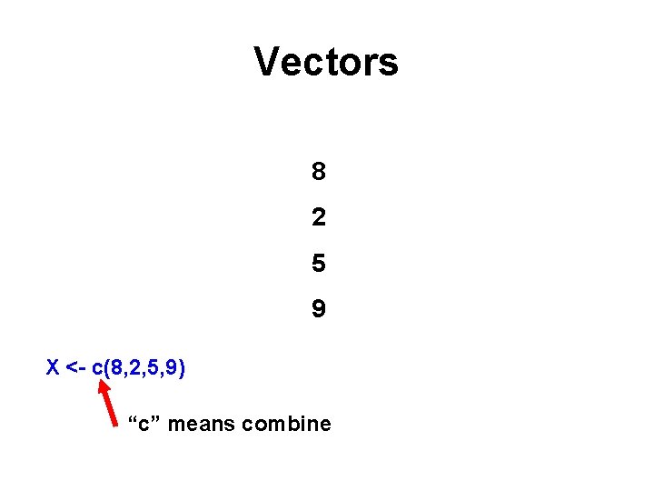 Vectors 8 2 5 9 X <- c(8, 2, 5, 9) “c” means combine Vectors 8 2 5 9 X <- c(8, 2, 5, 9) “c” means combine