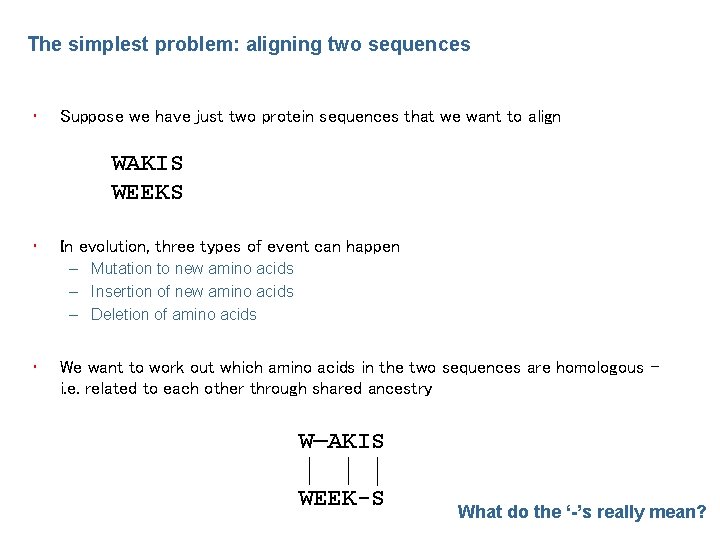 The simplest problem: aligning two sequences • Suppose we have just two protein sequences