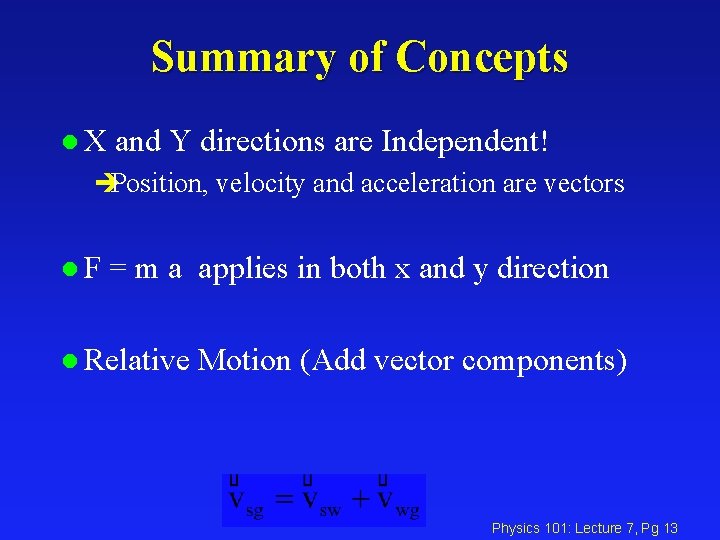 Summary of Concepts l. X and Y directions are Independent! èPosition, velocity and acceleration