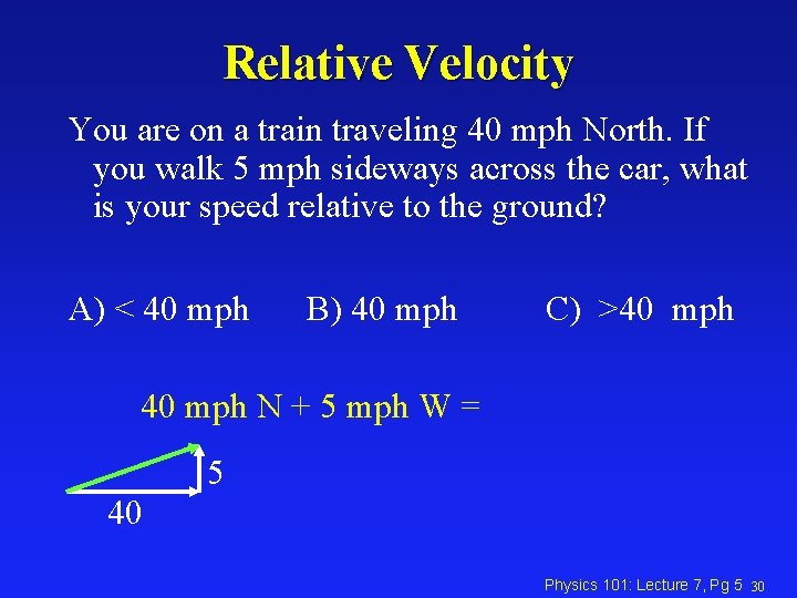 Relative Velocity You are on a train traveling 40 mph North. If you walk