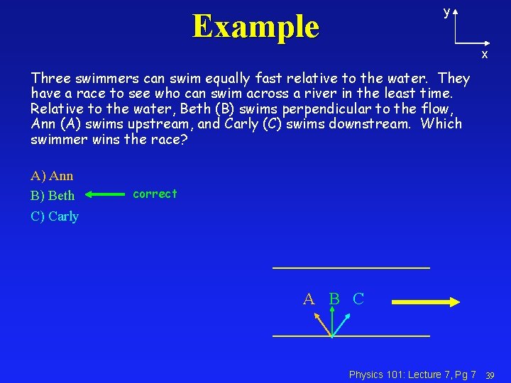 y Example x Three swimmers can swim equally fast relative to the water. They