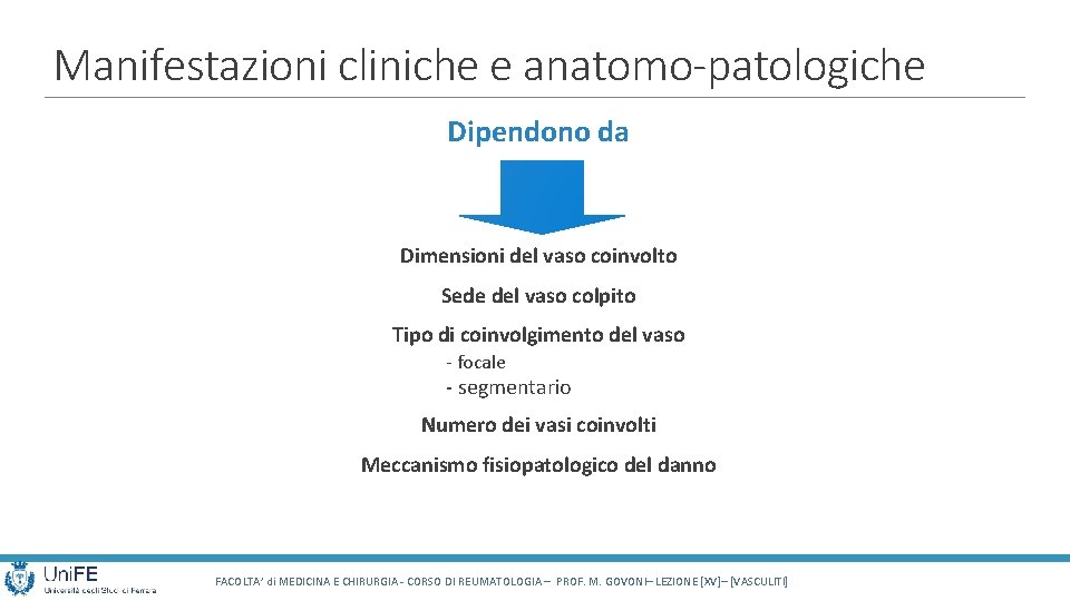 Manifestazioni cliniche e anatomo-patologiche Dipendono da Dimensioni del vaso coinvolto Sede del vaso colpito Manifestazioni cliniche e anatomo-patologiche Dipendono da Dimensioni del vaso coinvolto Sede del vaso colpito
