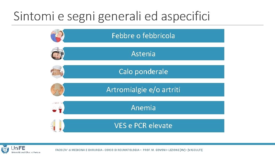 Sintomi e segni generali ed aspecifici Febbre o febbricola Astenia Calo ponderale Artromialgie e/o Sintomi e segni generali ed aspecifici Febbre o febbricola Astenia Calo ponderale Artromialgie e/o
