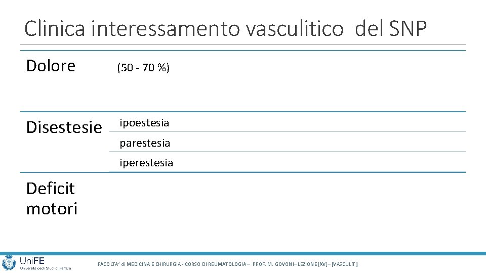 Clinica interessamento vasculitico del SNP Dolore (50 - 70 %) Disestesie ipoestesia parestesia iperestesia Clinica interessamento vasculitico del SNP Dolore (50 - 70 %) Disestesie ipoestesia parestesia iperestesia